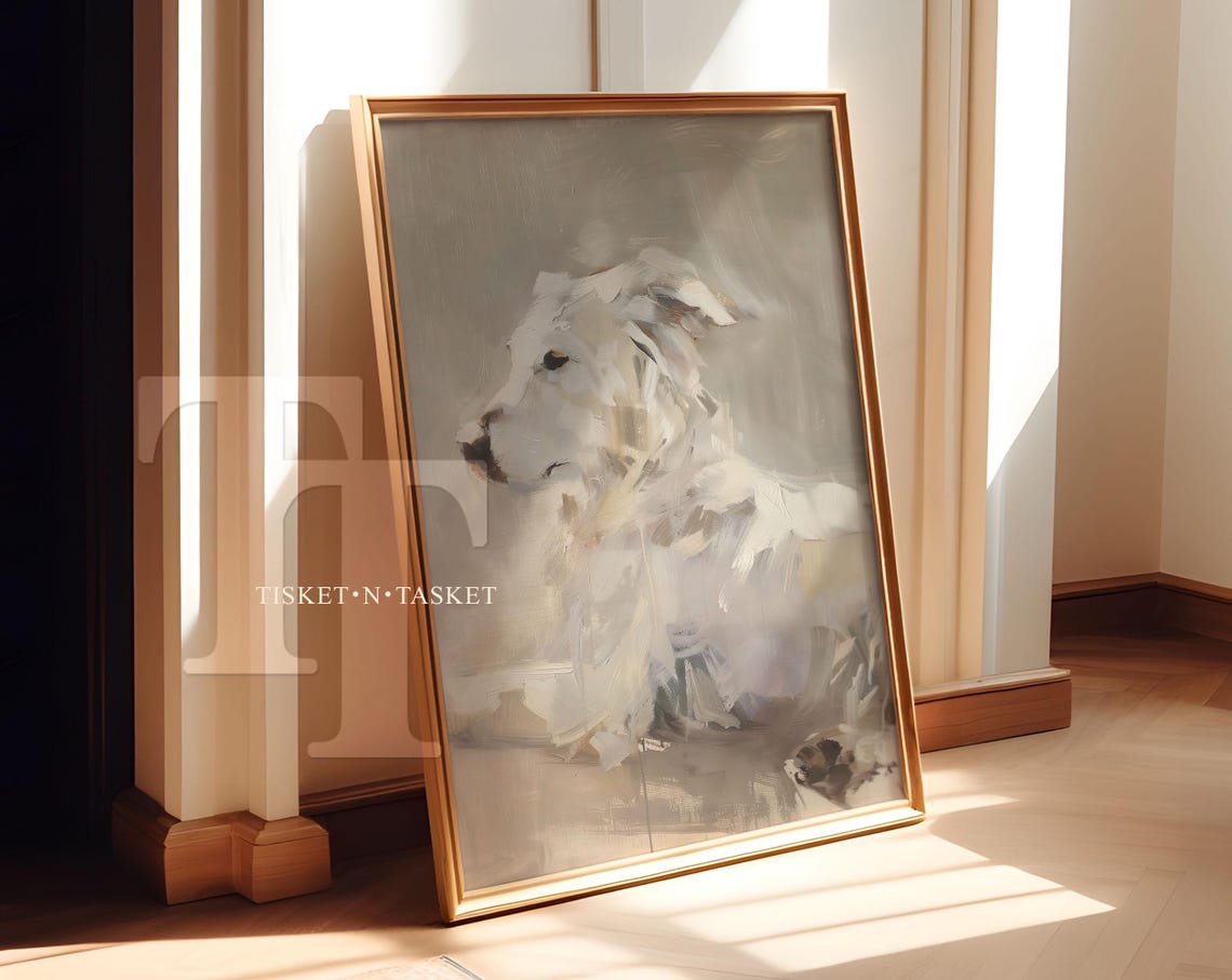 White Dog Portrait Painting Neutral Grey Soft Painterly Puppy Wall Art