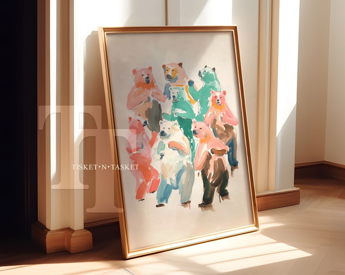Dancing Bears Watercolor Painting Cute Colorful Bear Group Fun Kids Room Poster