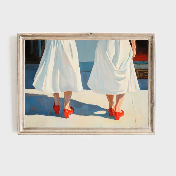 Women In White Dresses Red Shoes Sunlit Fashion Street Poster