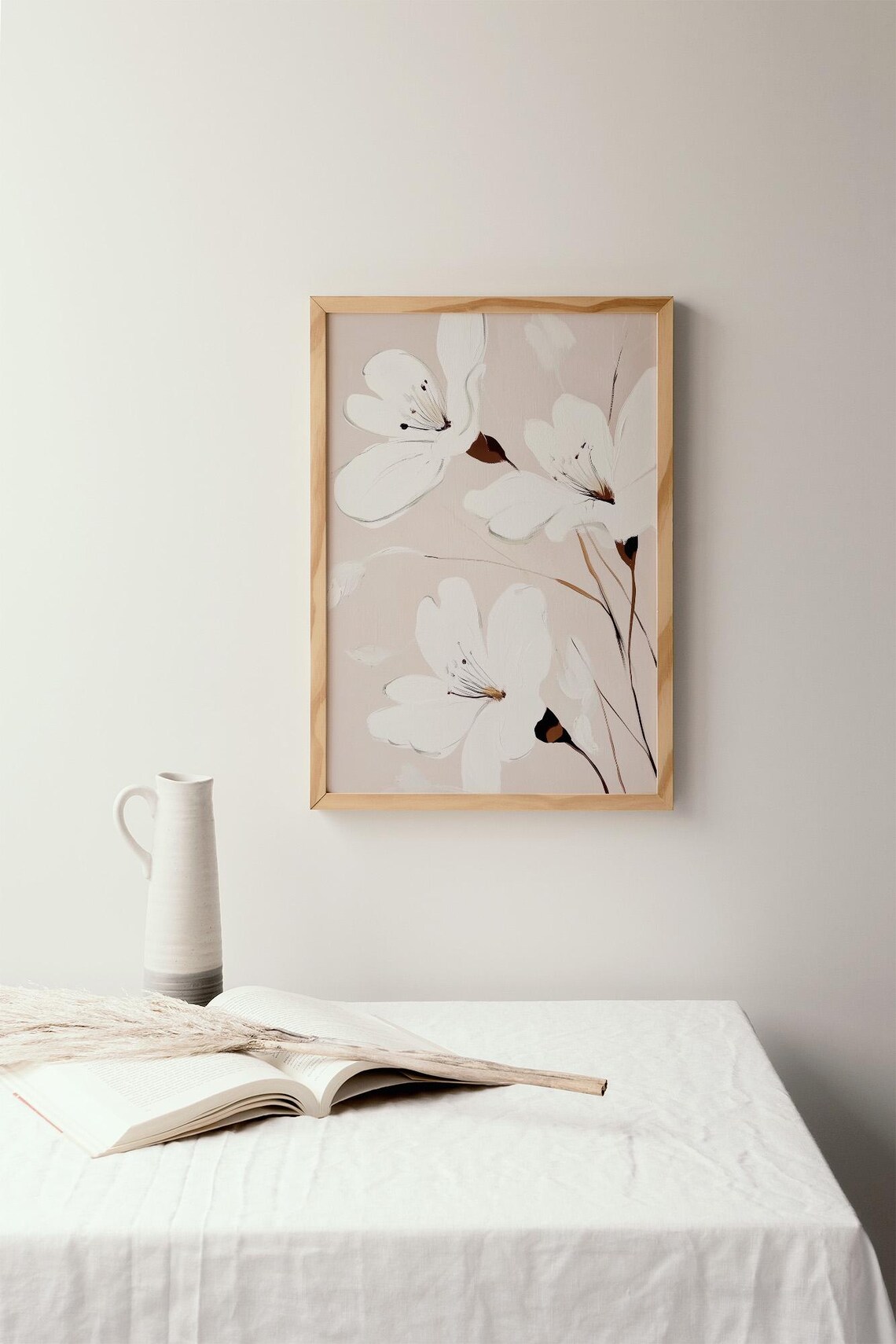 White Flowers Blush Pink Minimalist Floral Botanical Wall Art - Image 2
