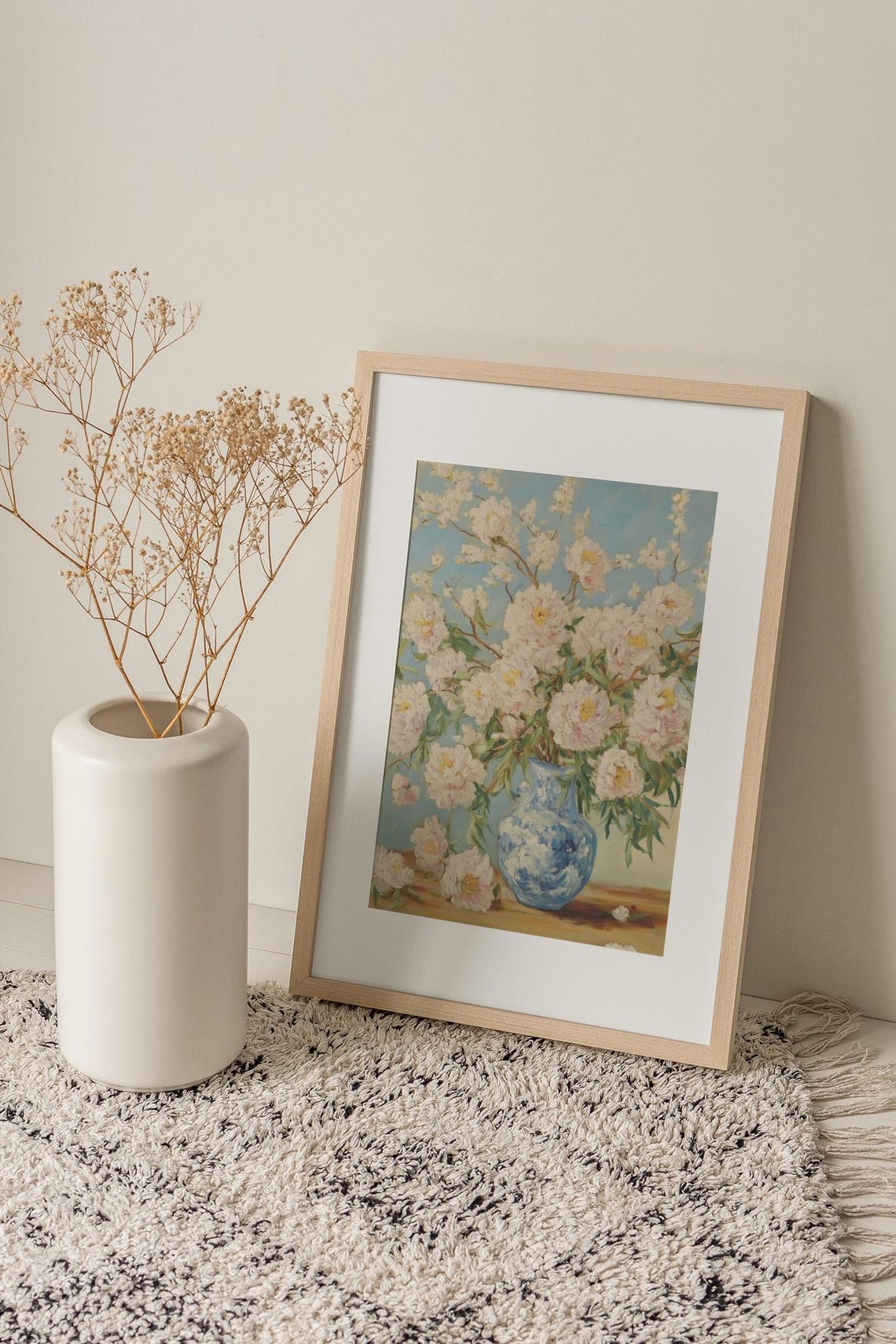 White Peonies in a Blue and White Vase Cottage Garden Floral Poster - Image 3