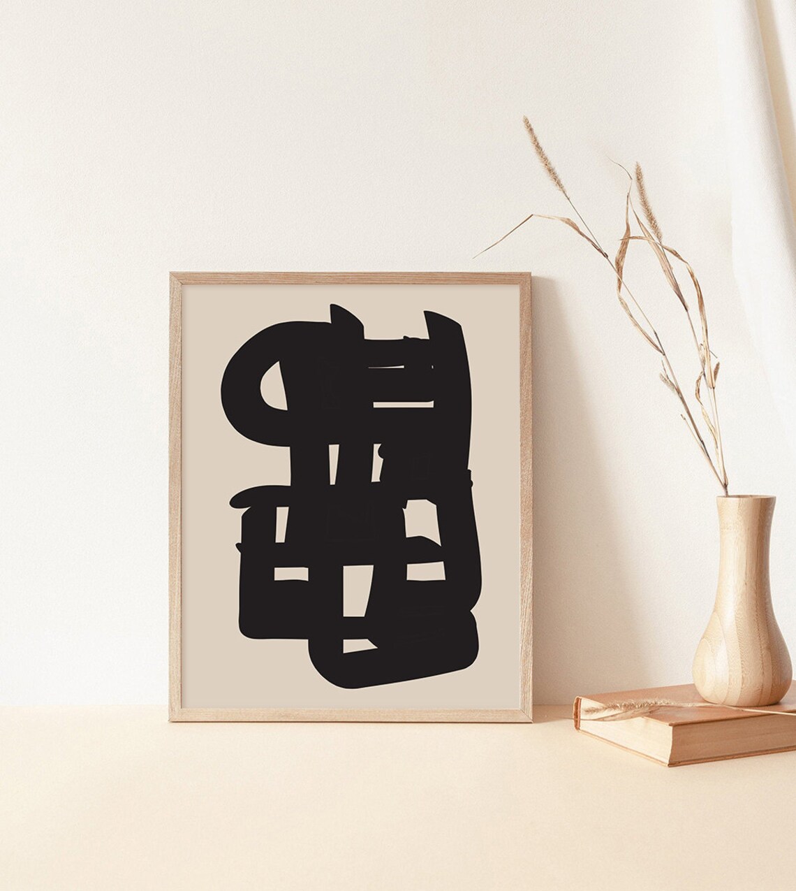 Bold Black Brushstrokes Beige Modern Abstract Painting Wall Art - Image 2