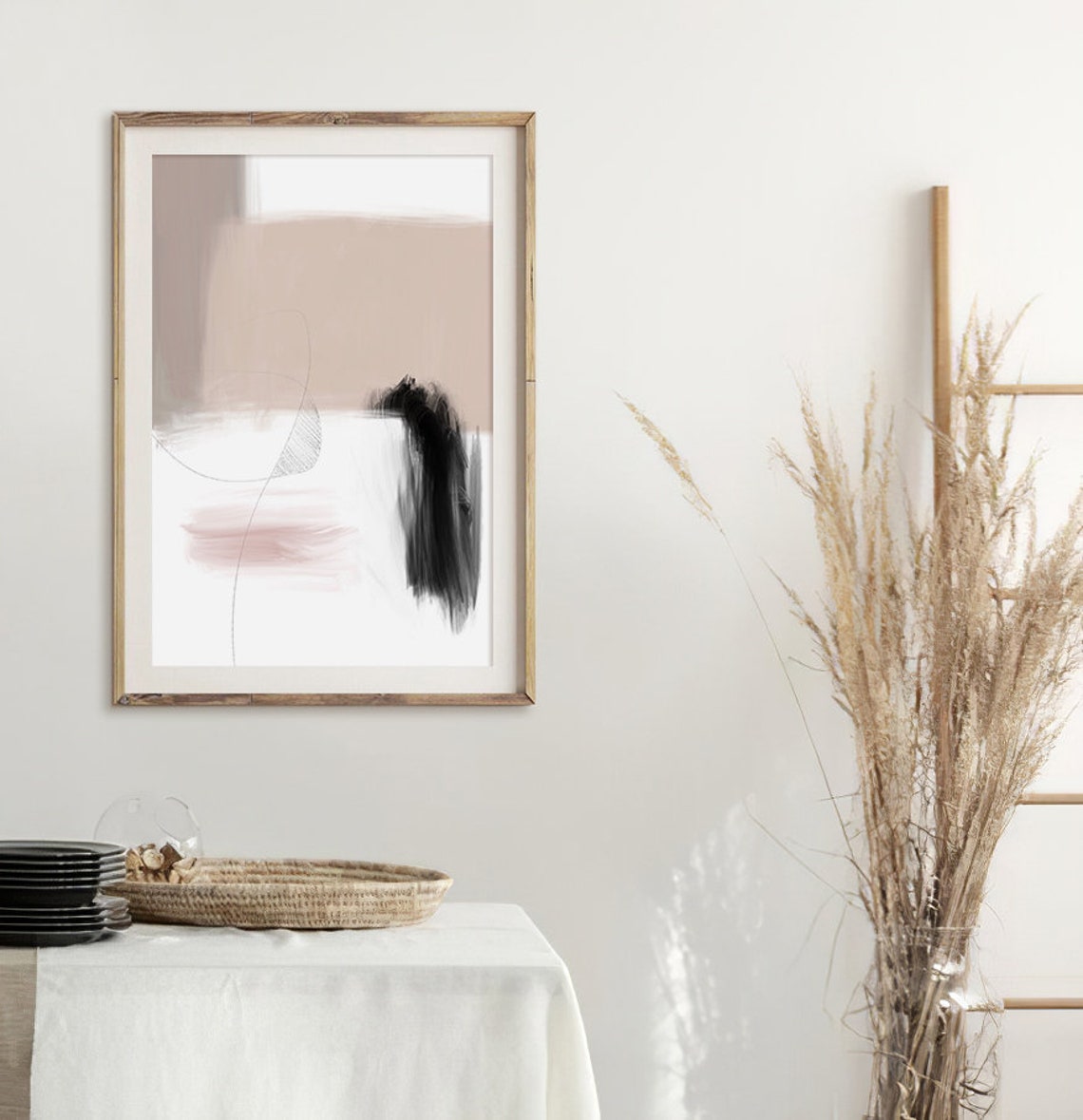 Black Ink Brushstroke Blush Abstract Minimalist Neutral Wall Art - Image 2