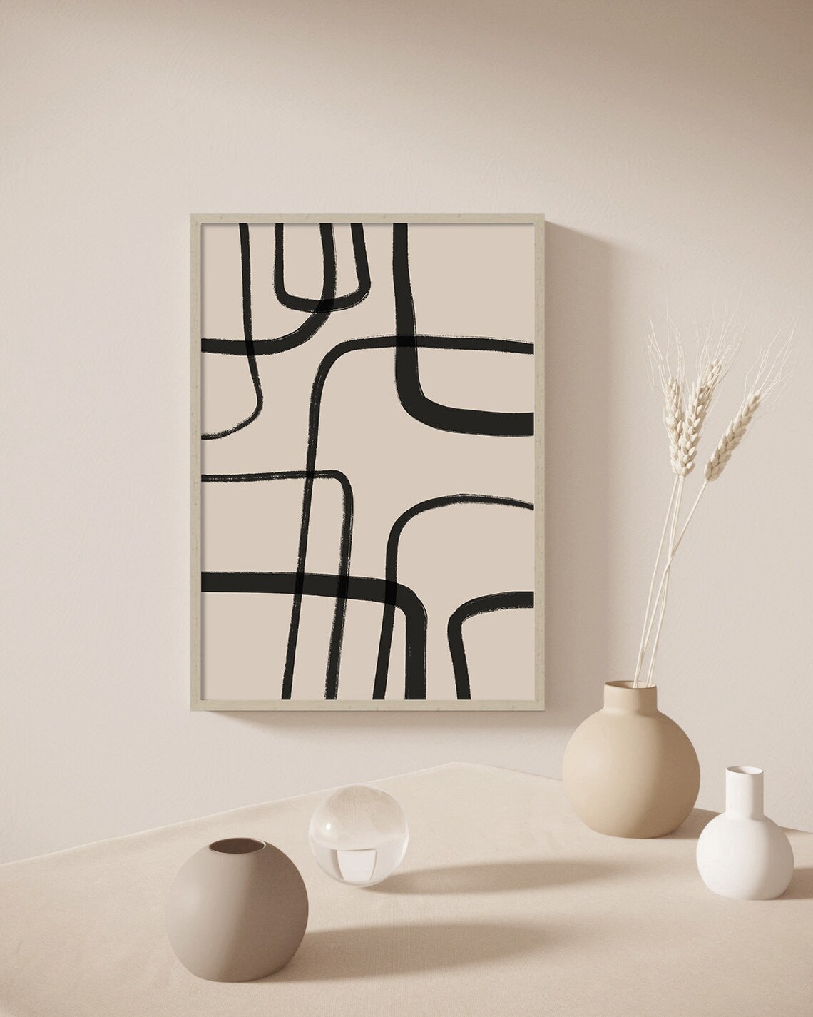 Beige Black Line Art Geometric Abstract Art Print - Image 3