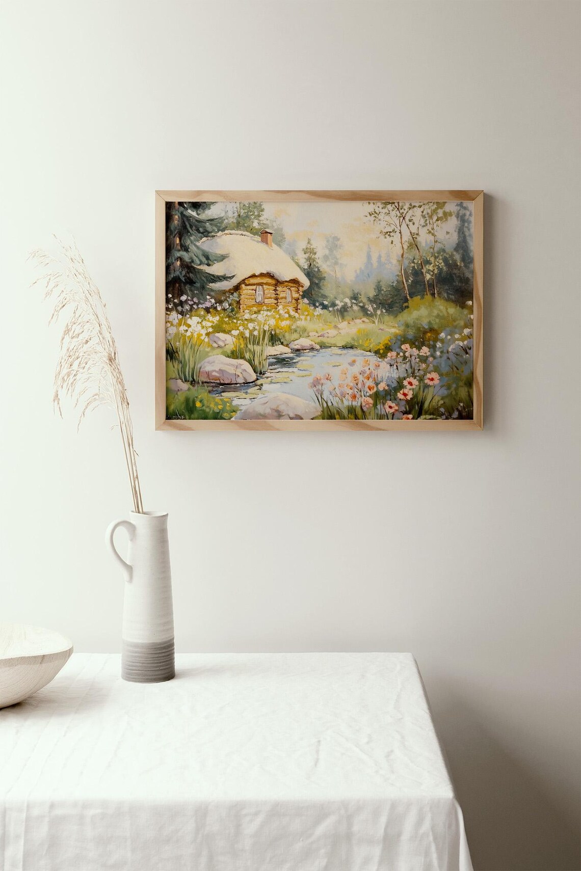 Log Cabin by Wildflower Pond Cozy Cottage Storybook Oil Painting Poster - Image 2