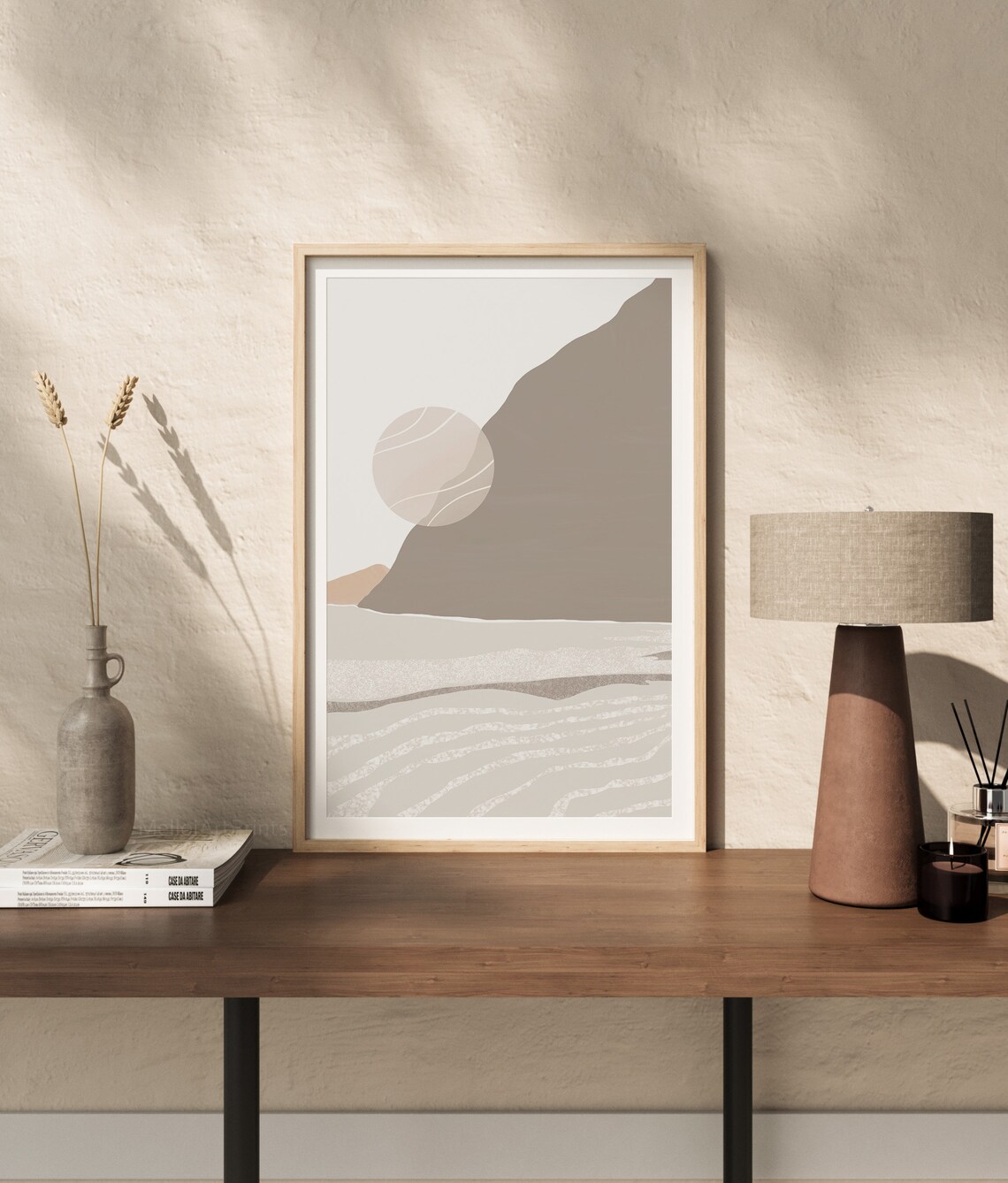 Neutral Beige Mountain Moon Minimalist Landscape Painting Poster - Image 2