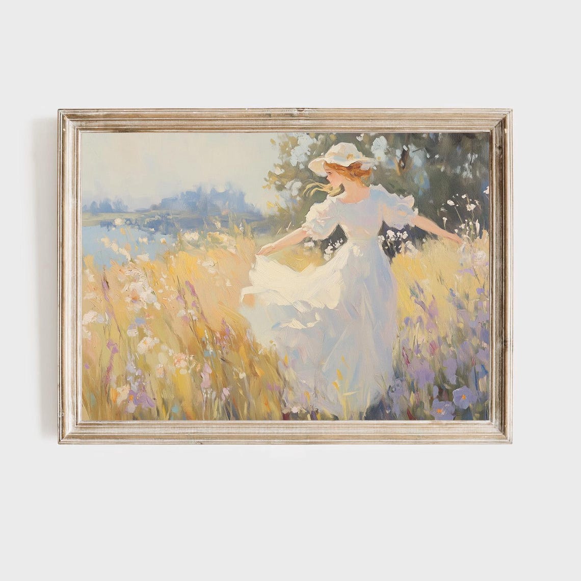 Woman in White Dress Twirling in a Summer Wildflower Meadow Poster