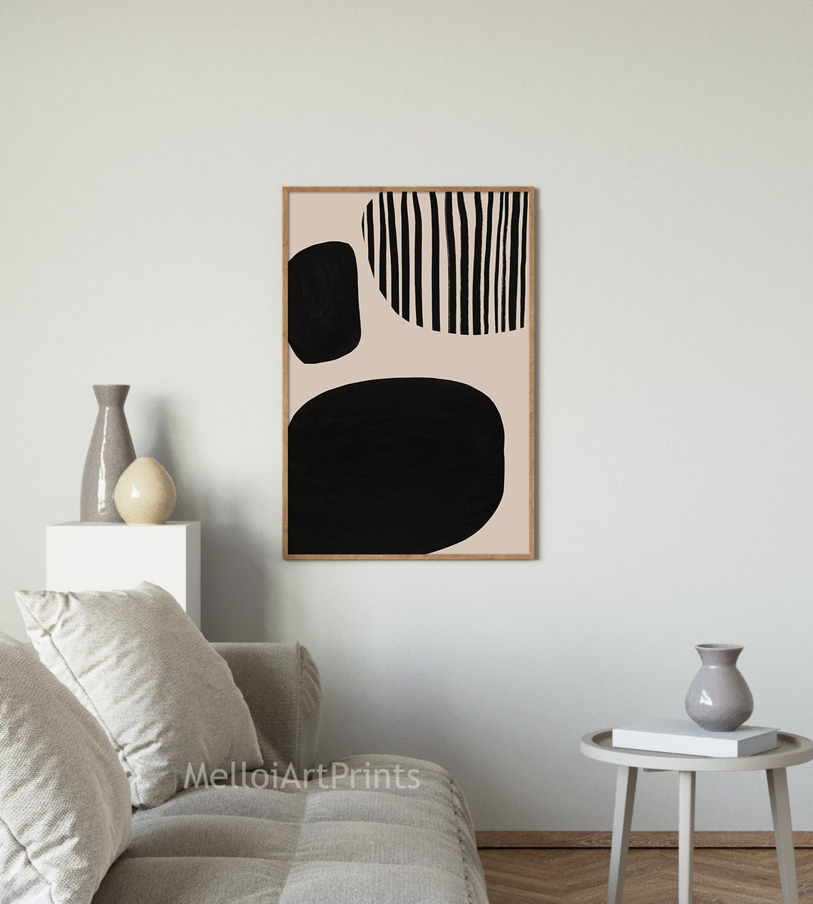 Black And Beige Modern Abstract Organic Shapes Stripes Wall Art - Image 2