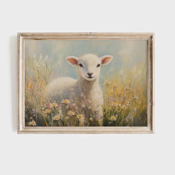 Lamb In Wildflower Meadow Art Print Farmhouse Nursery Decor Pastel Spring Lamb Illustration Rustic Animal Wall Art