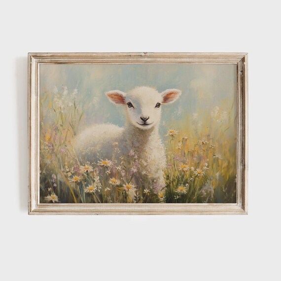 Lamb in Wildflower Meadow Cute Sheep Pastoral Oil Painting Poster