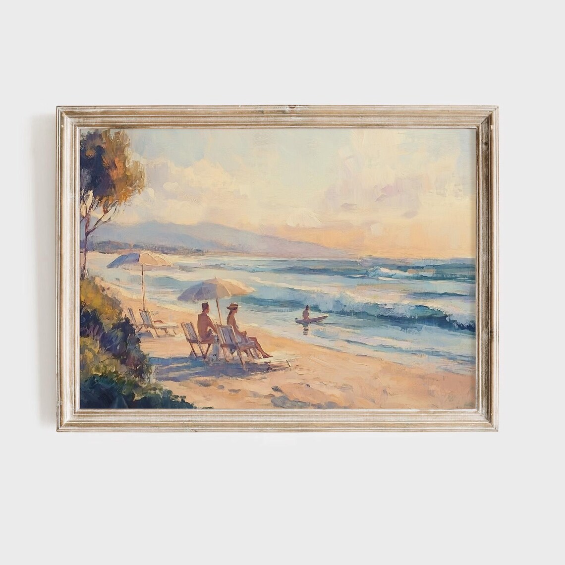 Golden Hour Beach Scene With Couple Watching the Waves Ocean Poster