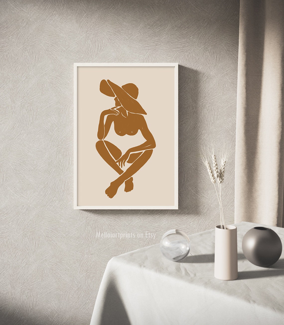 Terracotta Woman Wide Brim Hat Boho Minimalist Silhouette Art Poster - Image 3