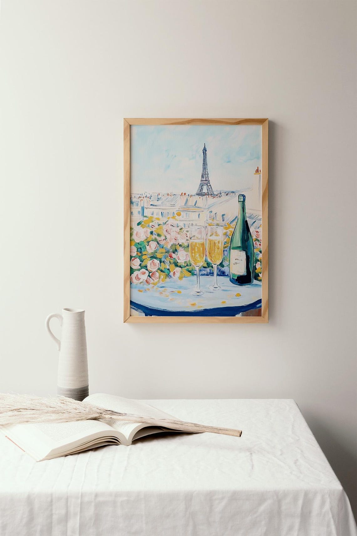 Paris Eiffel Tower Champagne Roses Romantic Cityscape Painting Poster - Image 2