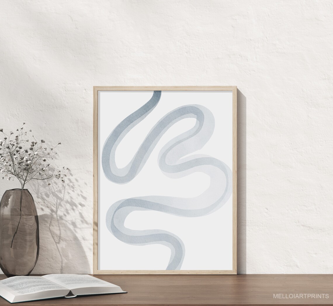 Blue Gray Watercolor Squiggle Minimal Zen Modern Abstract Poster - Image 2