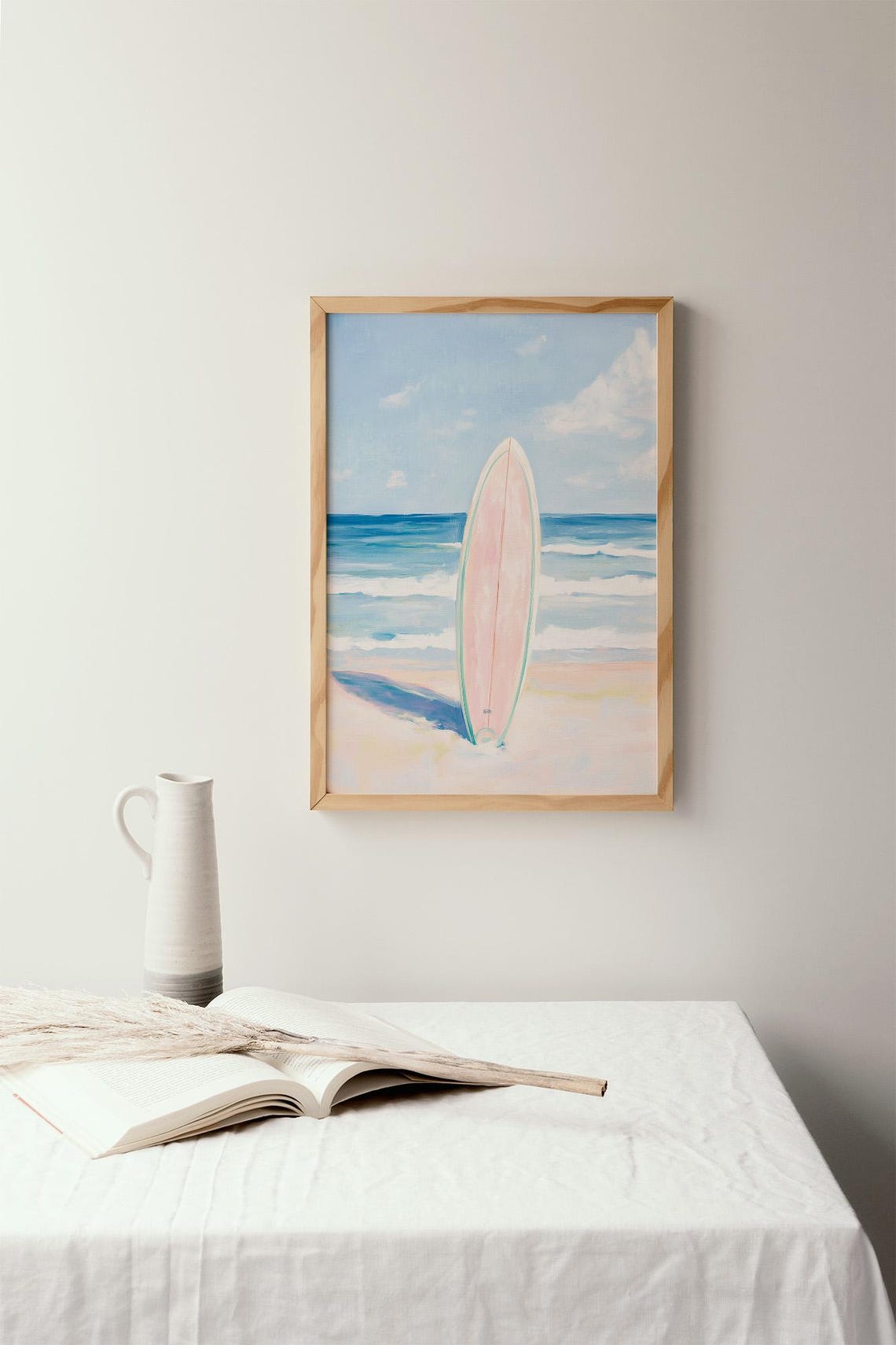 Pink Surfboard Sandy Beach Ocean Waves Coastal Surfing Poster - Image 2