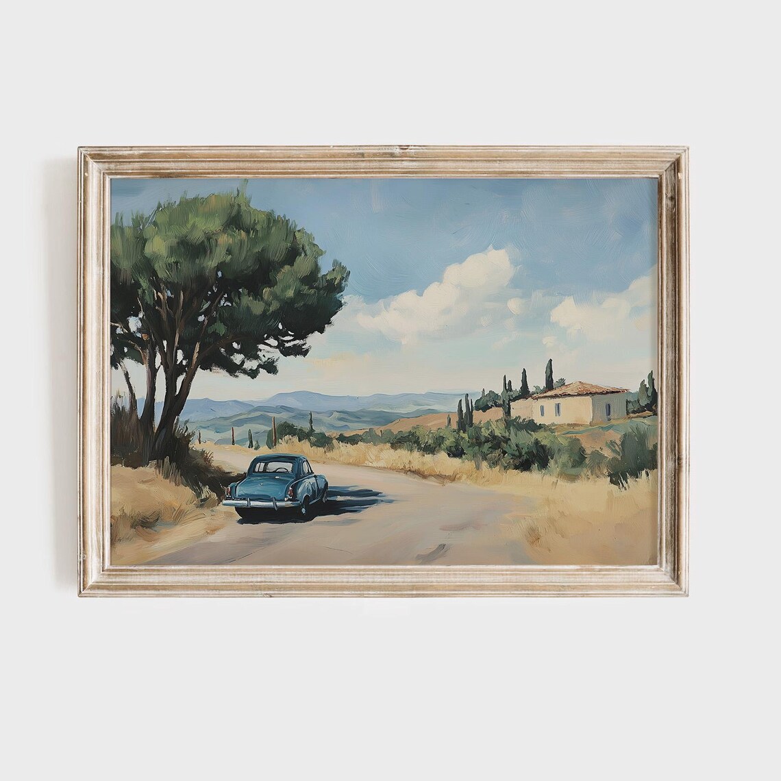 Vintage Blue Car Country Road Golden Hills Oil Painting Poster