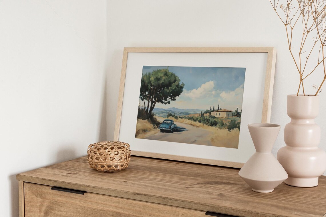 Vintage Blue Car Country Road Golden Hills Oil Painting Poster - Image 2