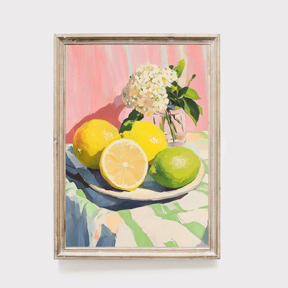 Lemon And Lime Still Life Art Print Vibrant Citrus Fruit Painting Kitchen Wall Decor Farmhouse Style Artwork Botanical Home Accents