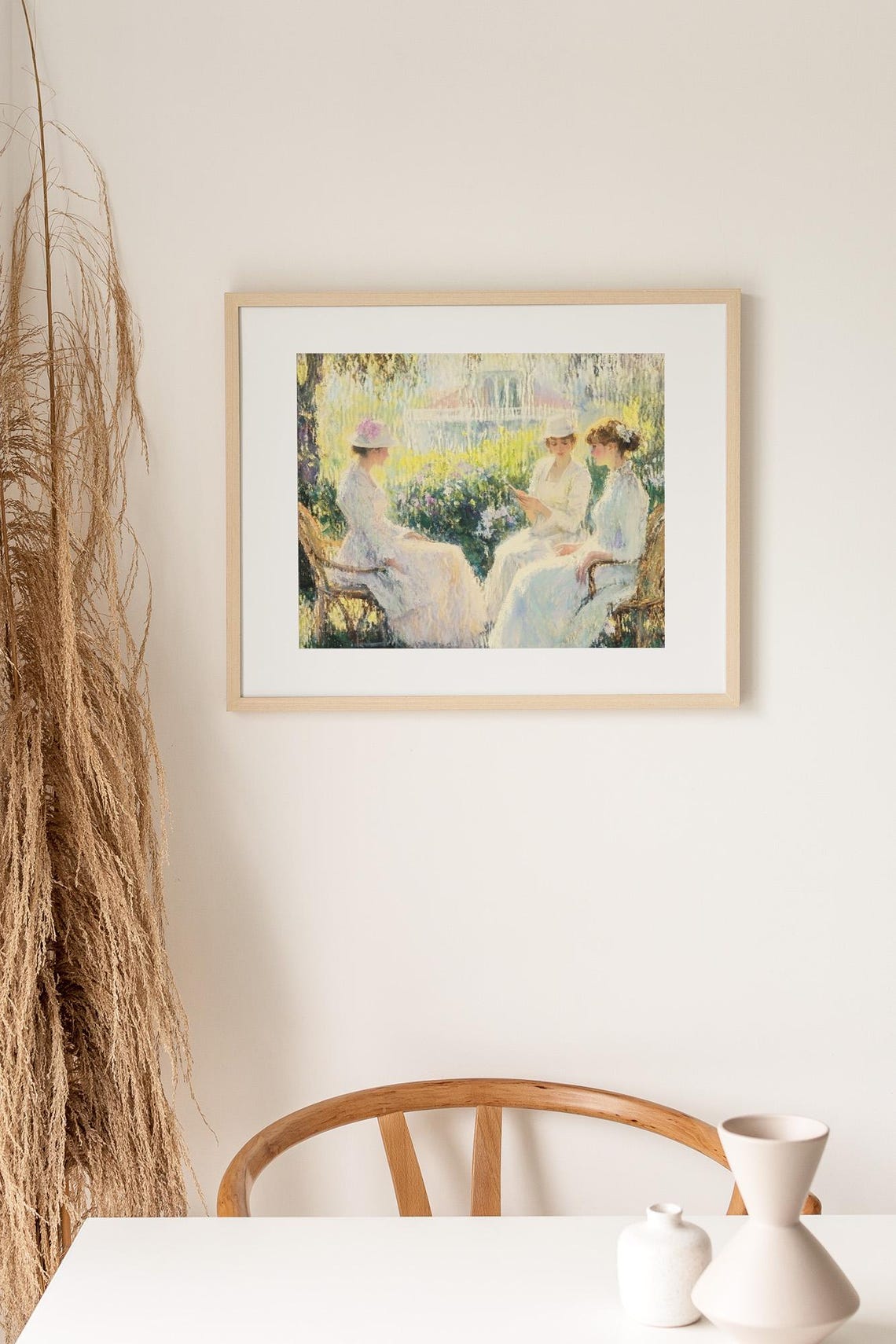 Three Women White Dresses Sunlit Garden Gathering Painting Poster - Image 2
