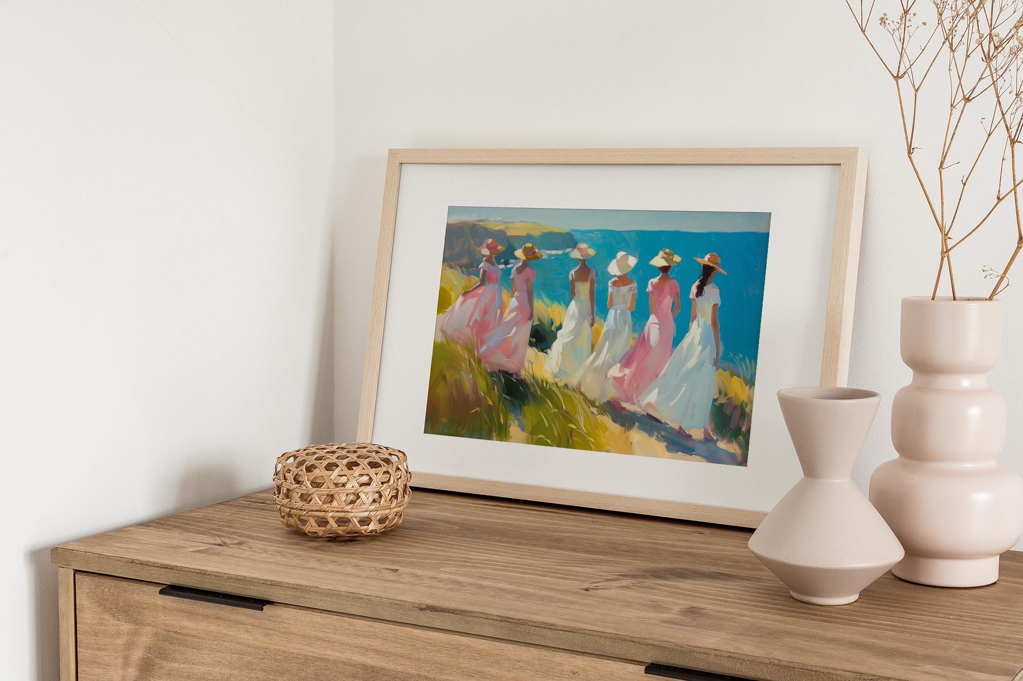 Pastel Dresses Women Walking To Sea Coastal Cliffs Oil Paint Poster - Image 2
