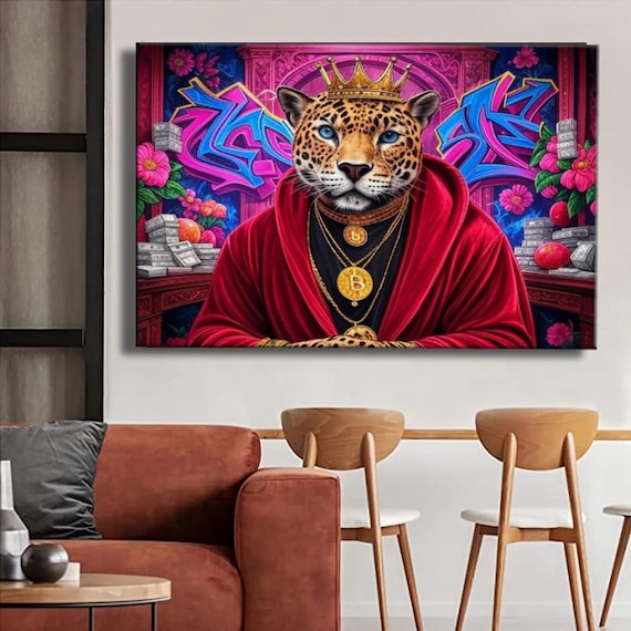 Royal Leopard Print Graffiti Street Art Bitcoin King Luxury Bold Urban Pop Art Print Wall Decor For Modern Space