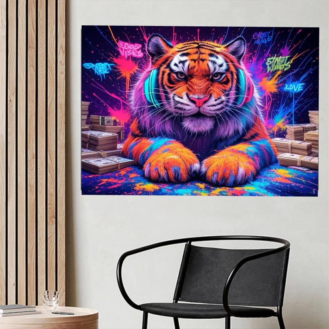 Neon Graffiti Tiger With Headphones Vibrant Street Art Poster - Image 2