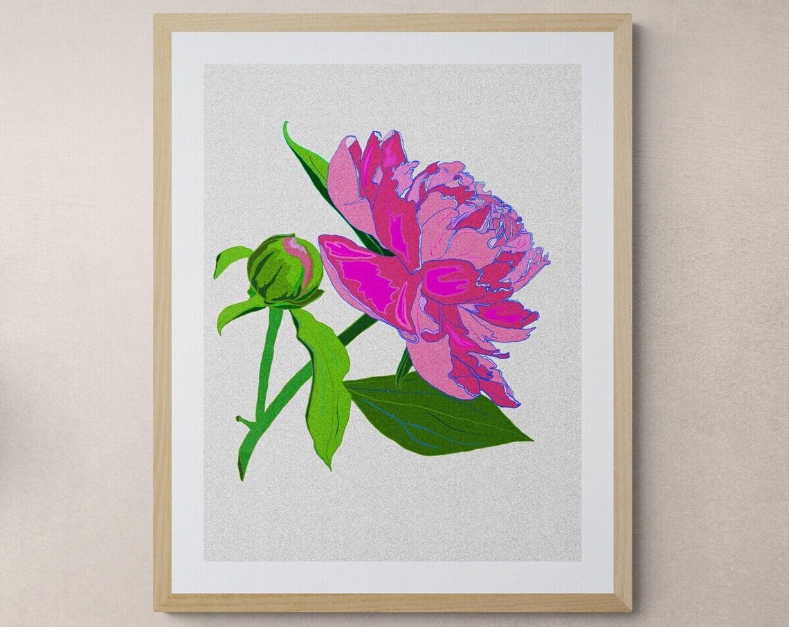 Pink Peony Botanical Art Print Modern Floral Illustration with Green Leaves