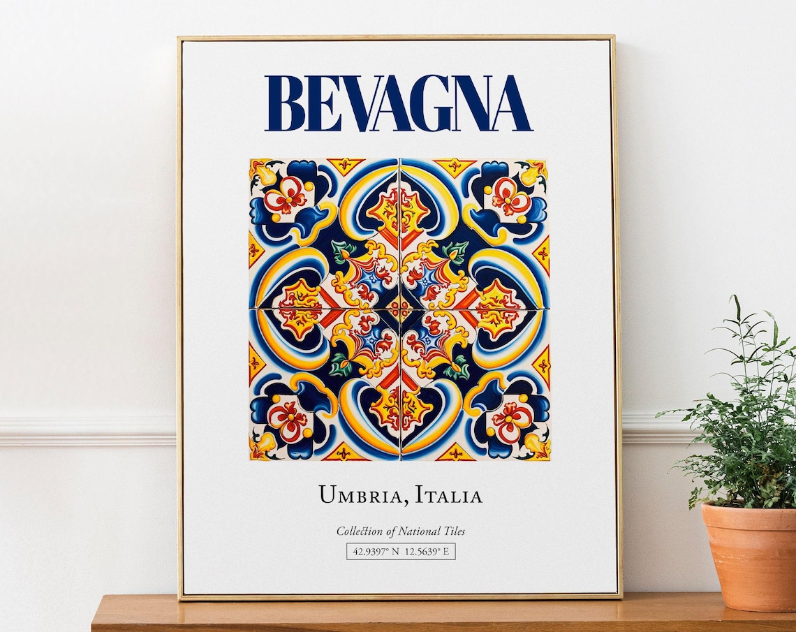 Bevagna Umbria Italy Minimalist Maiolica Tile Travel Poster