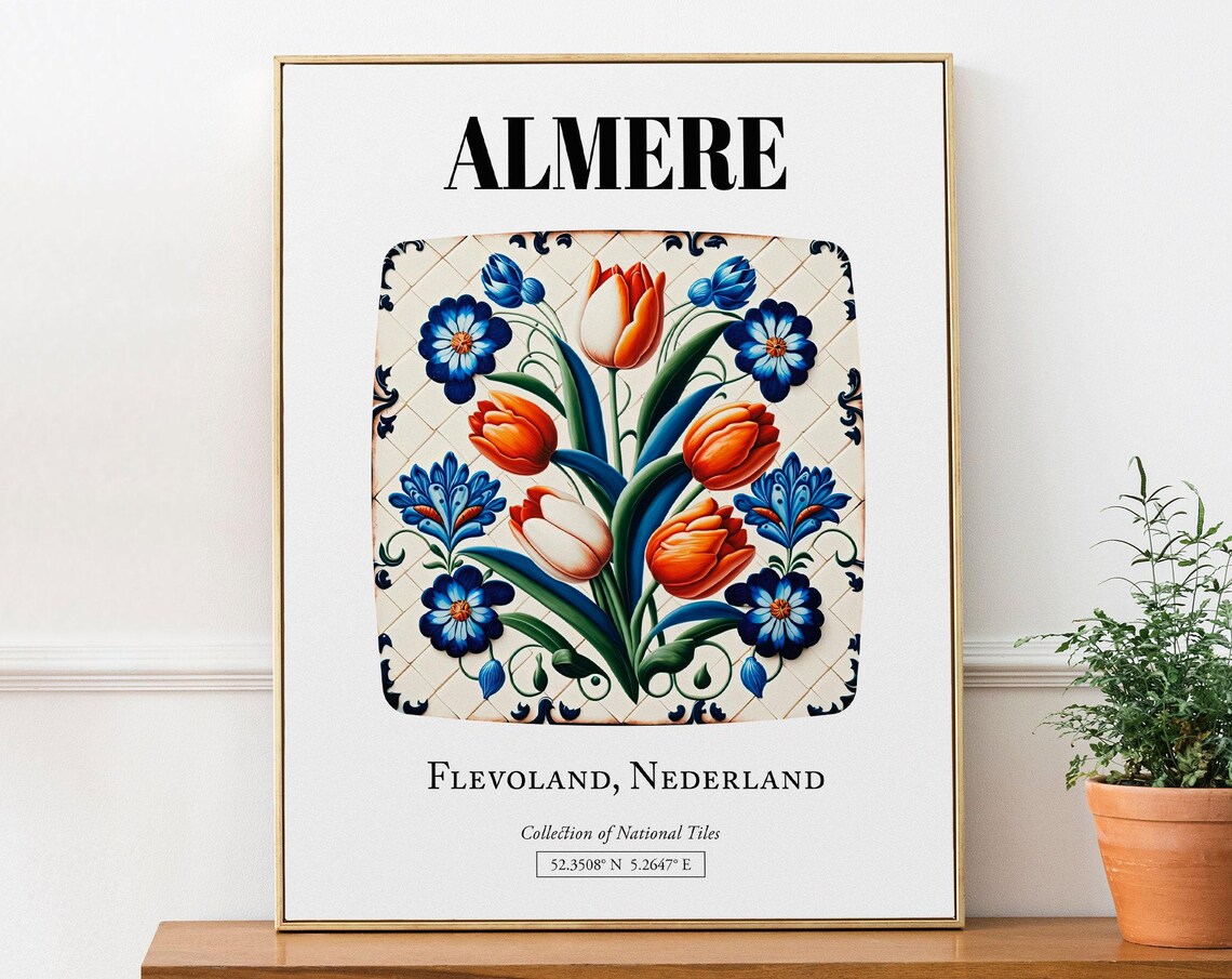 Almere Netherlands Traditional Tile With Tulips Travel Poster