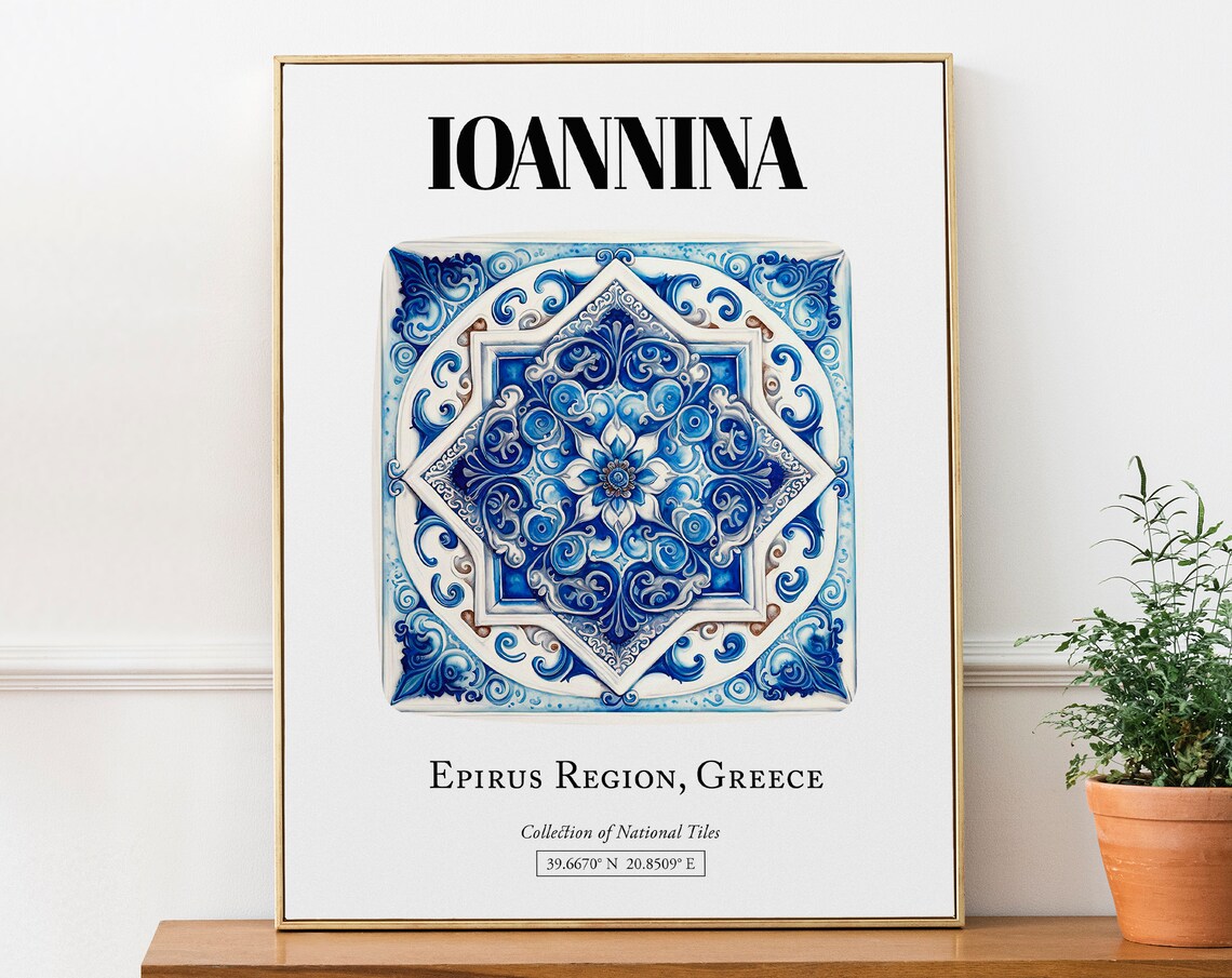 Ioannina Timeless Tile Art Poster, Greek Elegance