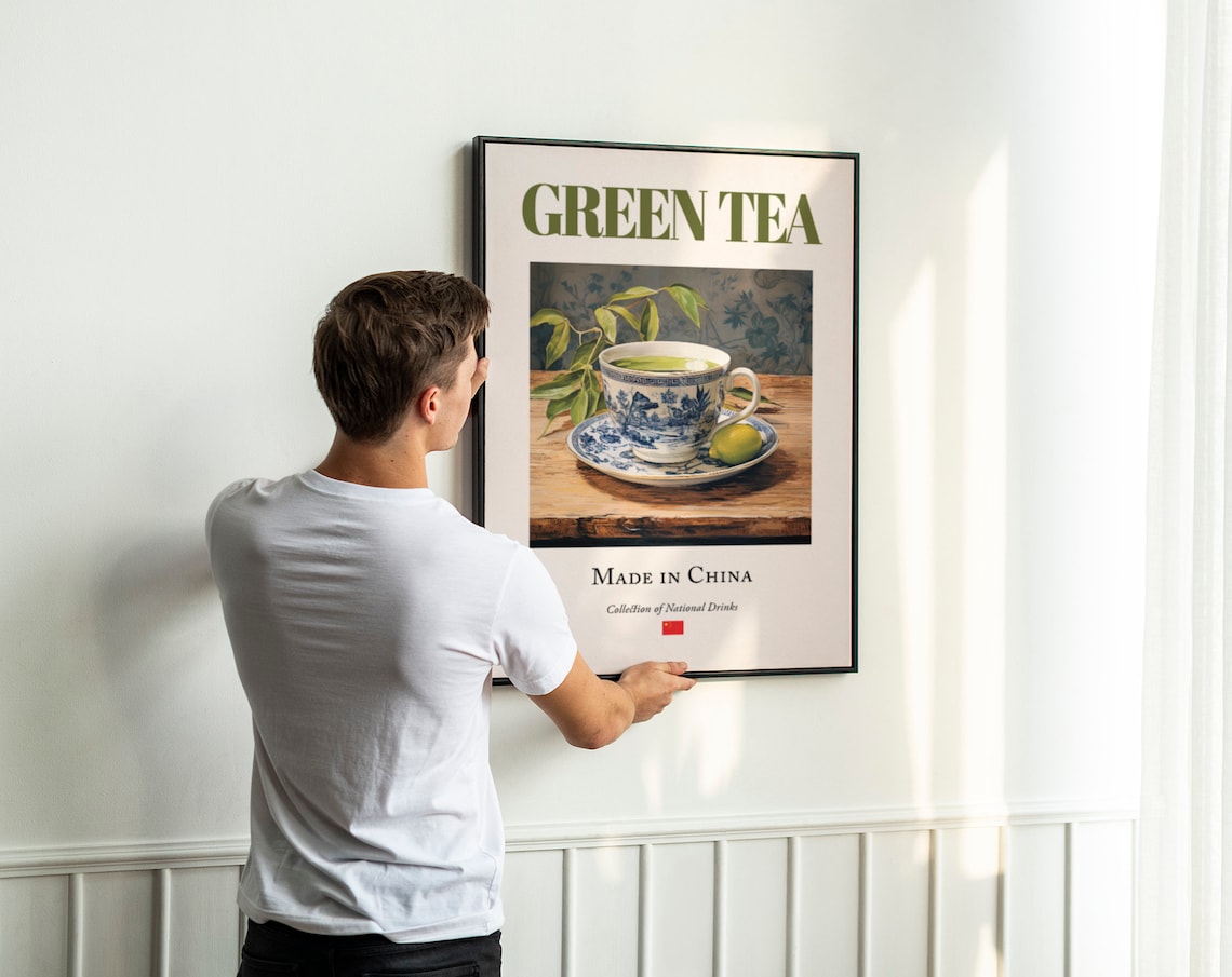 Green Tea On Maiolica Tile Poster, Kitchen Bar Art - Image 3