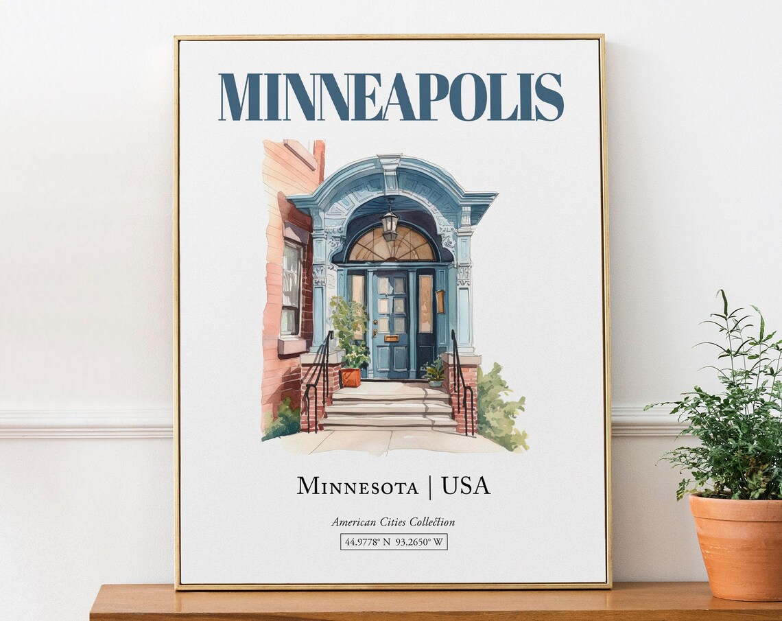 Minneapolis Minnesota Travel Poster, Minimalist Watercolor