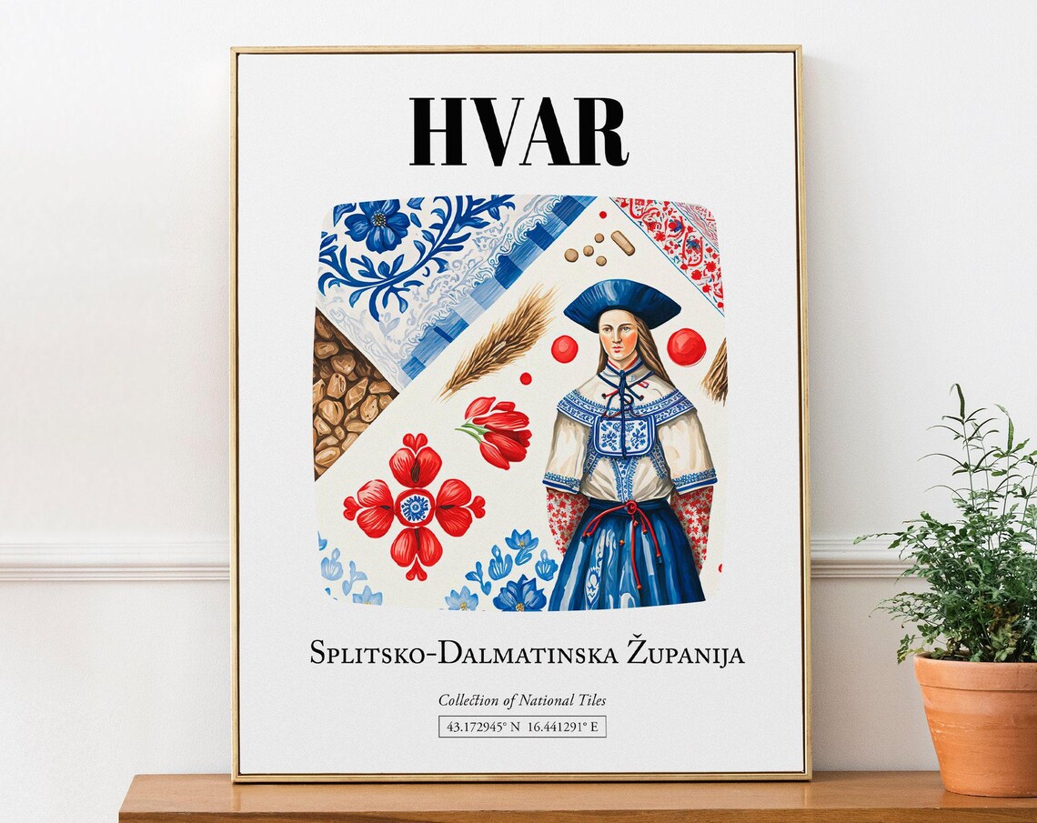 Hvar Croatia Tile Pattern, Folk Costumes Art Print