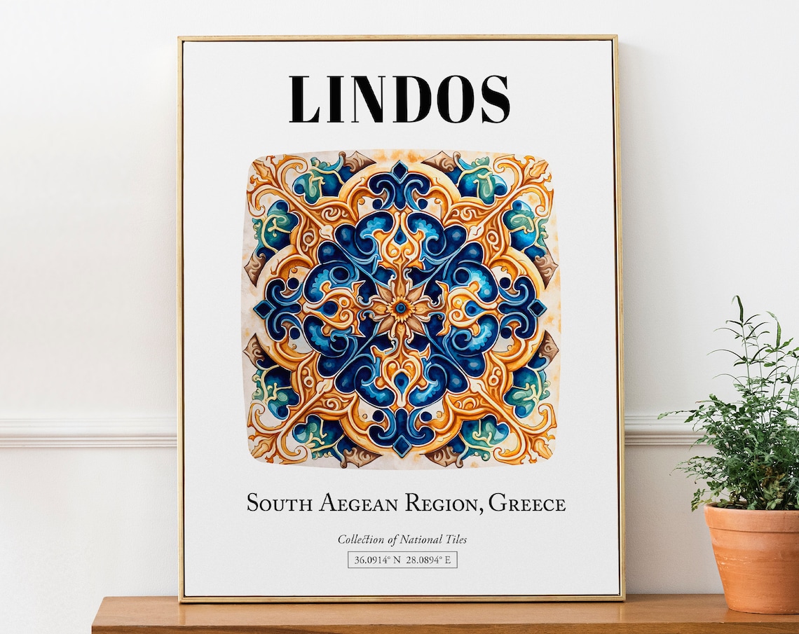 Lindos Tile Pattern Art Print, Greek Island Elegance
