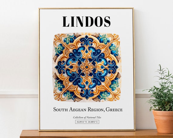 Lindos Tile Pattern Art Print, Greek Island Elegance