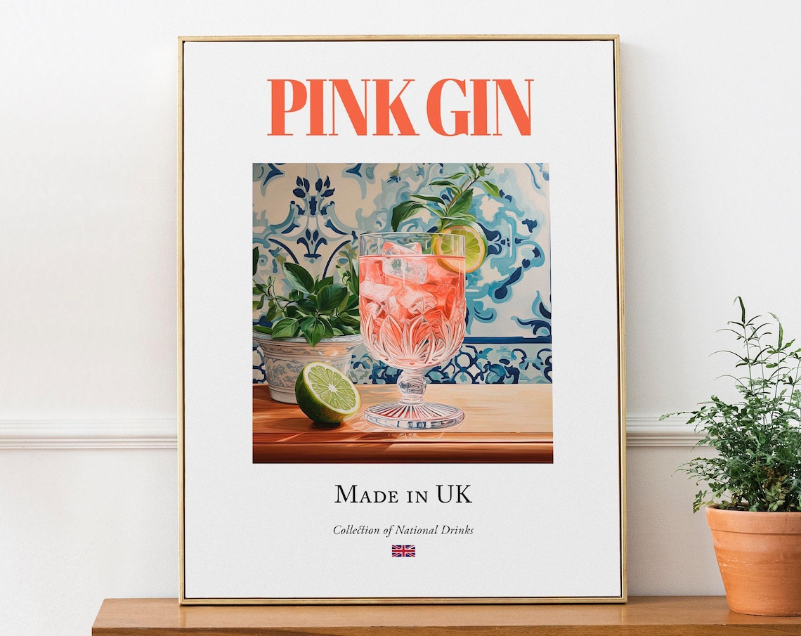 Pink Gin On Maiolica Tile, Traditional English Beverage Art Print