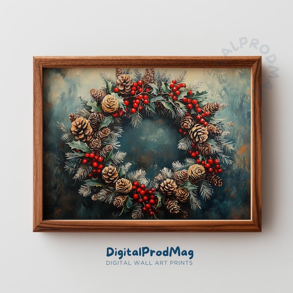 Vintage Christmas Wreath Painting Pinecones Red Berries Holiday Print