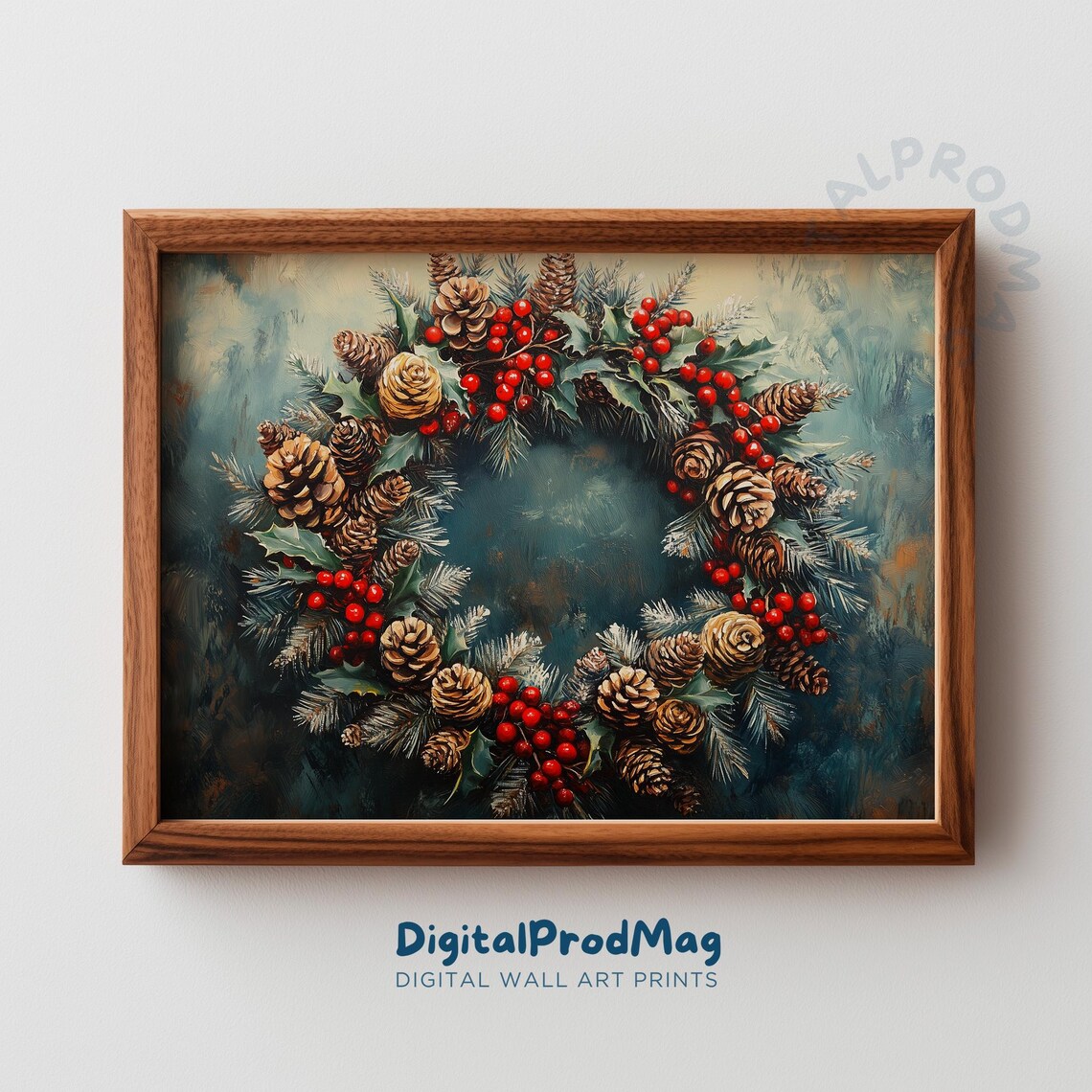 Vintage Christmas Wreath Painting Pinecones Red Berries Holiday Print