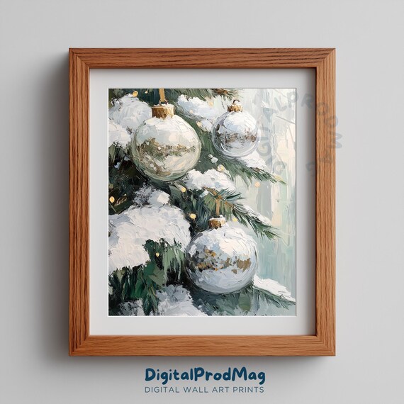 Christmas Ornaments On Snowy Evergreen Vintage Holiday Wall Art