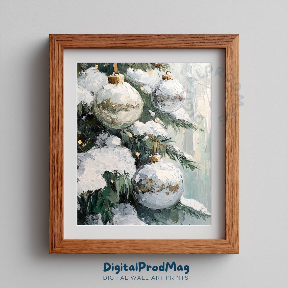 Christmas Ornaments On Snowy Evergreen Vintage Holiday Wall Art