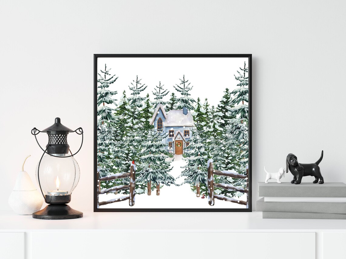 Blue Cabin Snowy Pines Wreath Door Winter Wonderland Watercolor Poster - Image 2
