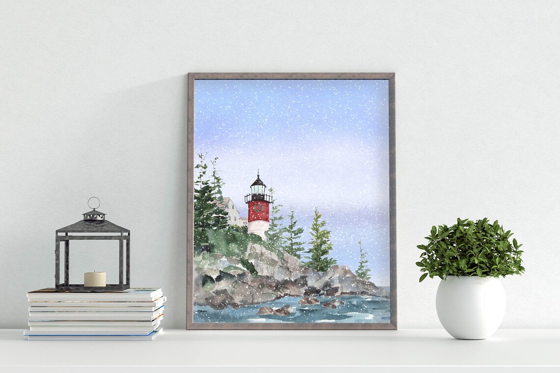 Winter Lighthouse Snowy Coastal Scene Watercolor Rocky Shore Poster - Image 3