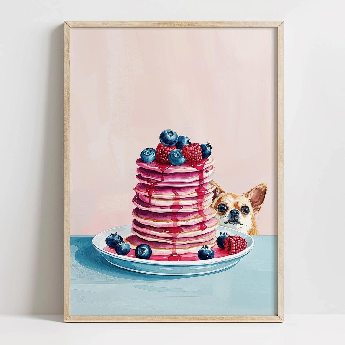 Chihuahua Peeking Berry Pancakes Cute Pink Food Kitchen Poster