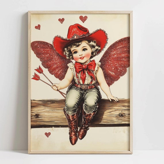 Cute Vintage Cowgirl Cupid Print Valentine Nursery Wall Art Romantic Home Decor Cute Country Western Prints Cowboy Decor