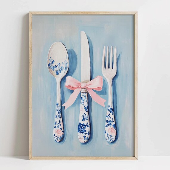 Spoon Knife Fork Floral Porcelain Pink Bow Kitchen Art Print