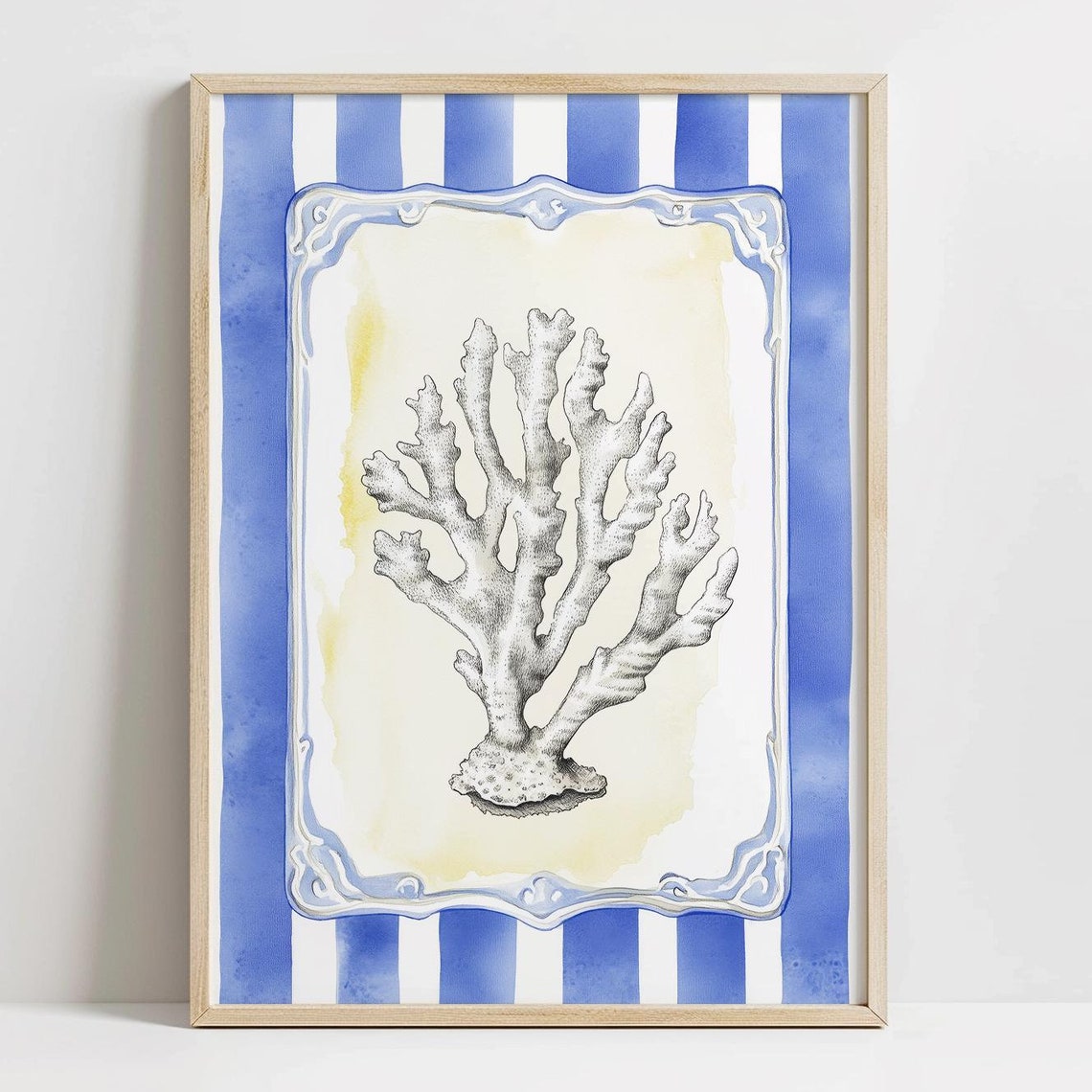 White Coral Watercolor Coastal Beach Nautical Navy Stripes Poster