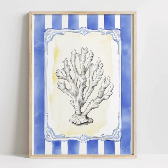 Trendy Blue Stripes Coral Print Beachy Home Decor Grandmillenial Beach Cottage Wall Art White Coral Branch Print