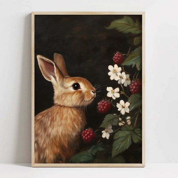 Moody Vintage Brown Rabbit Print Easter Nursery Art Easter Bunny Decor Raspberries Coquette Rabbit Print Cottagecore Decor