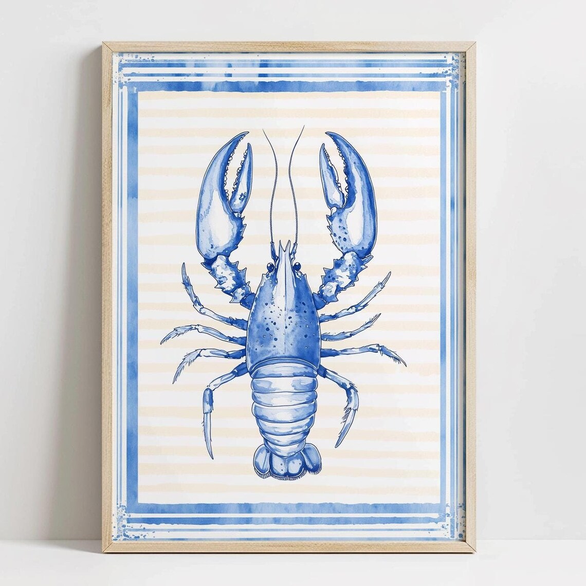 Blue Lobster Watercolor Sea Life Striped Nautical Coastal Poster