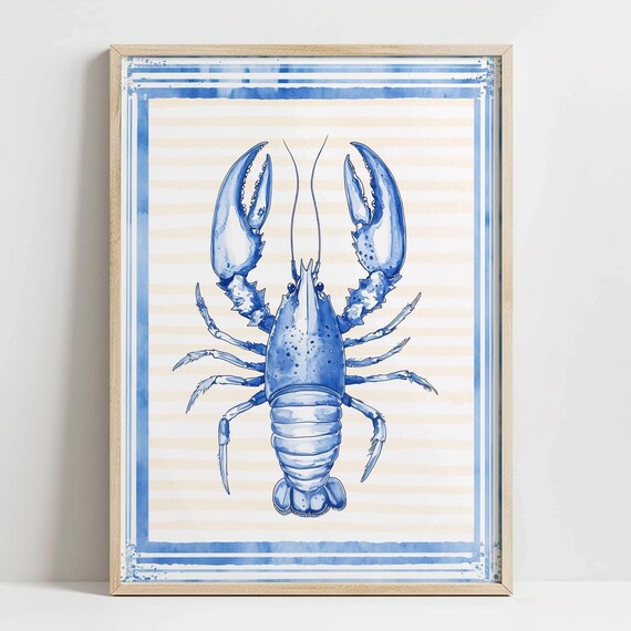 Trendy Striped Lobster Art Print Beachy Home Decor Grandmillenial Beach Cottage Wall Art Seafood Poster Print